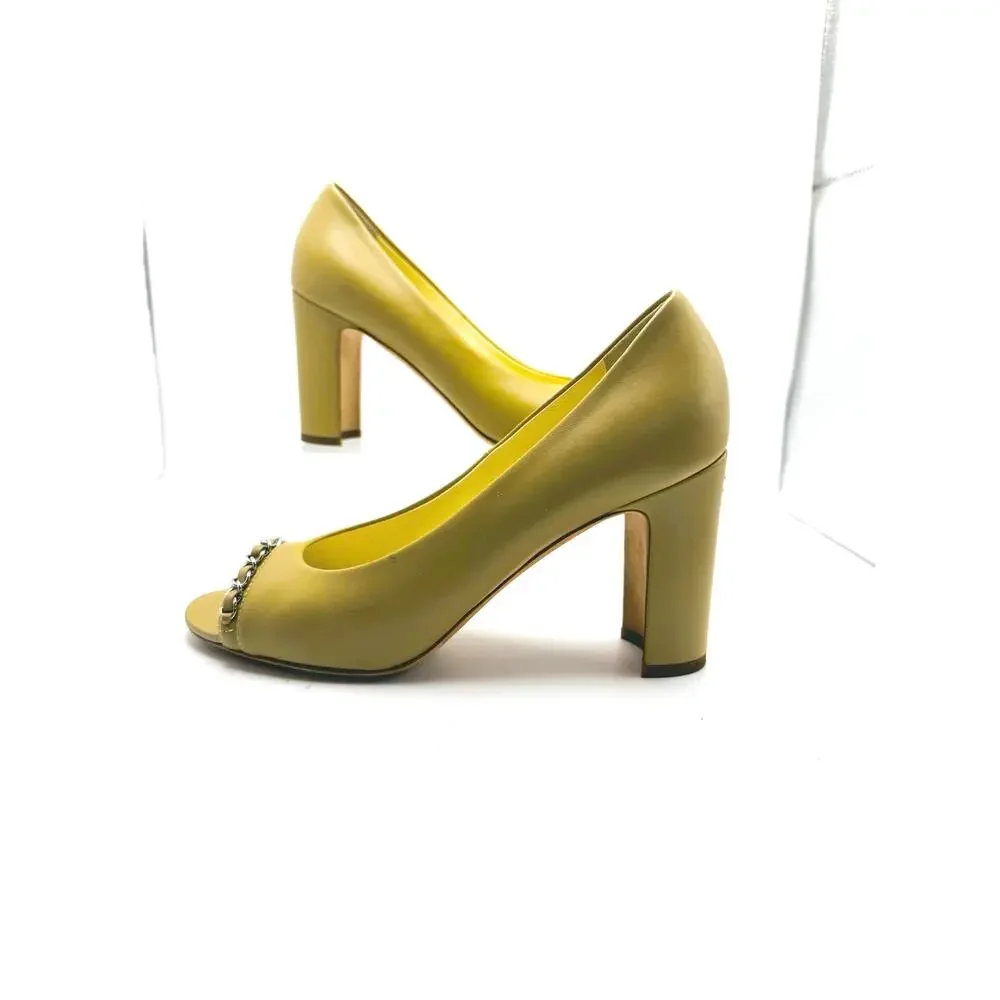 Chanel Khaki CC Logo Chain Strap Open Toe Pumps Heels EU 38 US 8